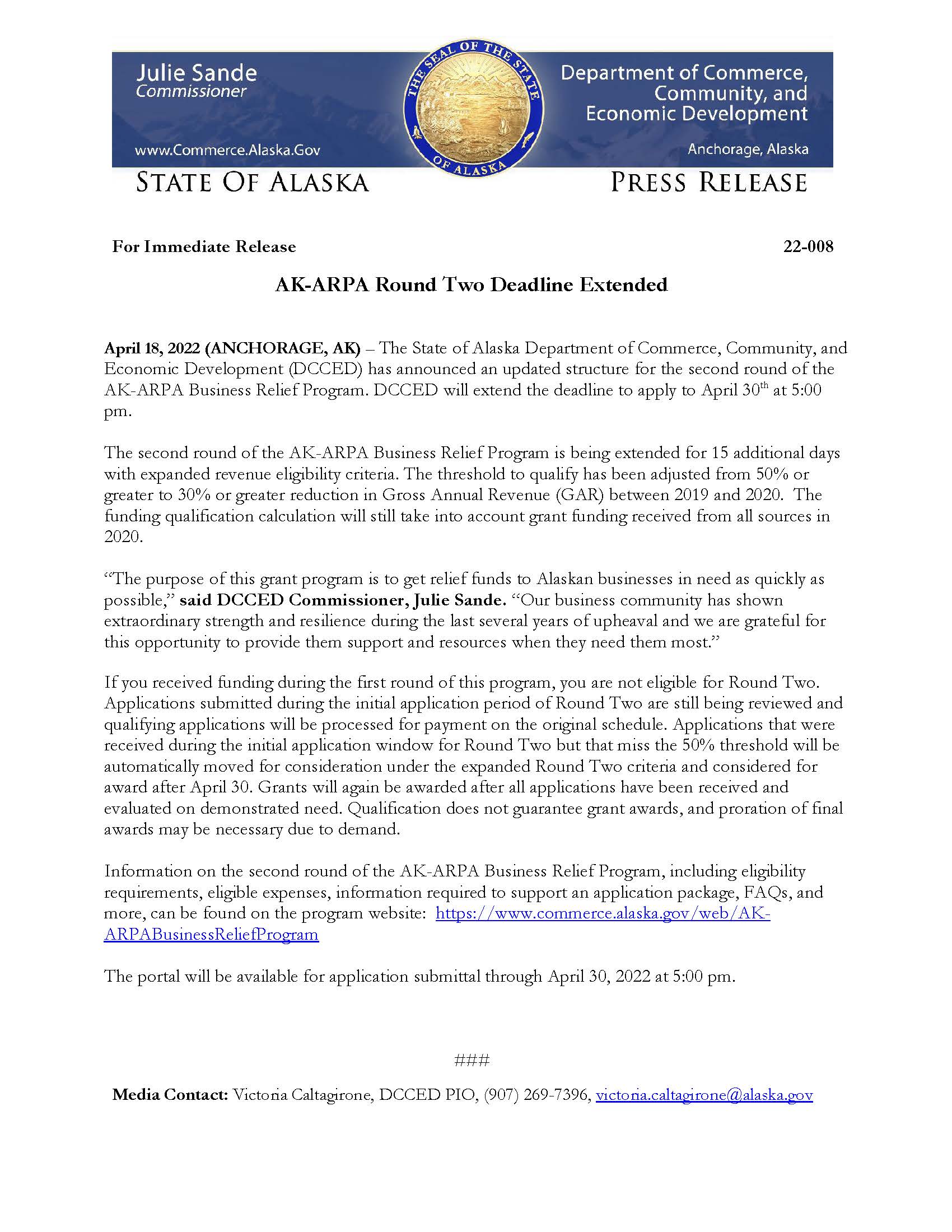 April 18, 2022 State of Alaska DCCED Press Release Dillingham, AK