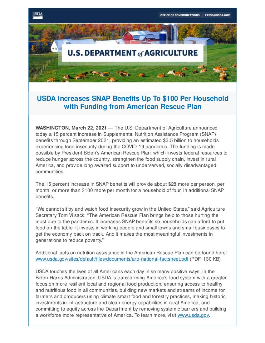 USDA Increases SNAP Benefits up to 100 Per Household with Funding from