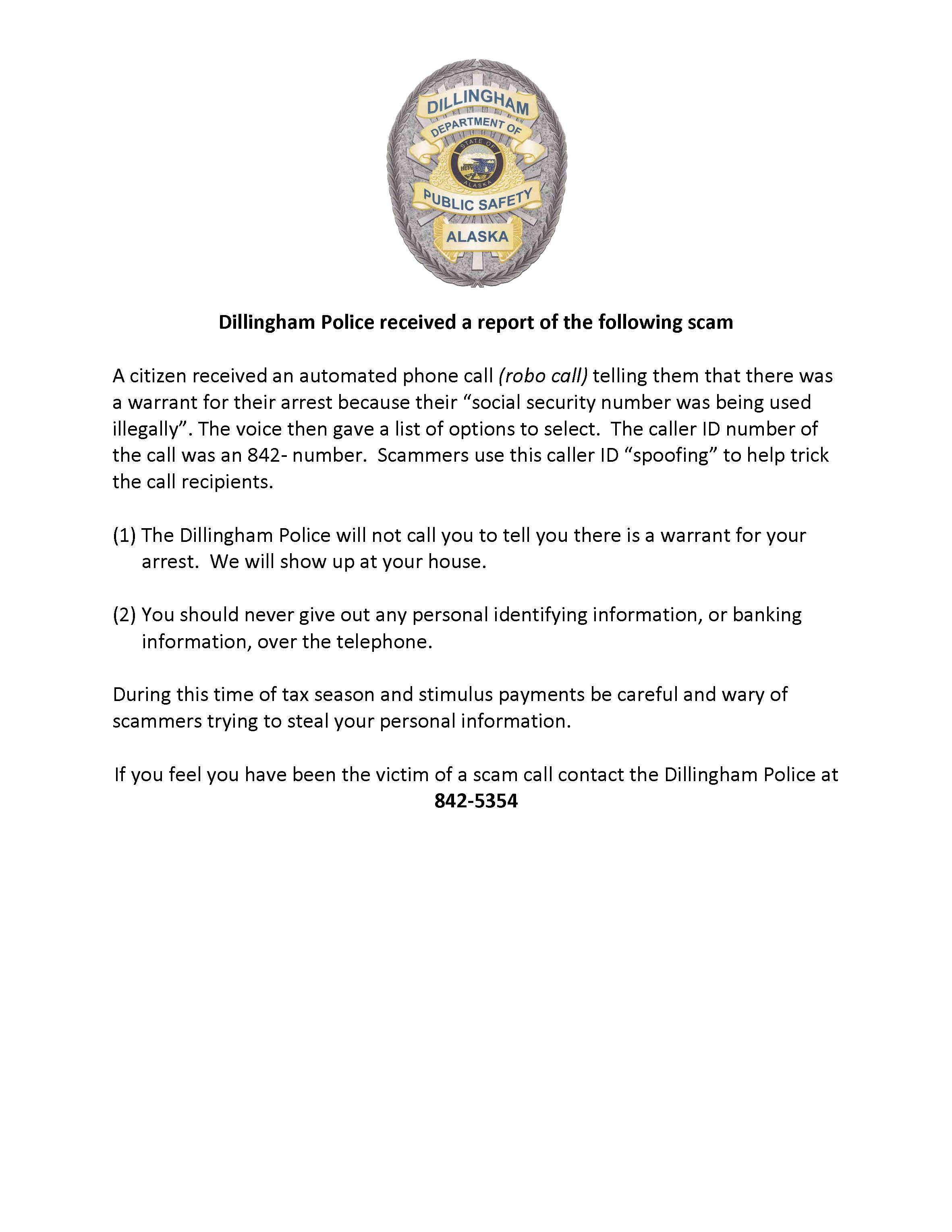 Message from the Dillingham Police Department March 30, 2021