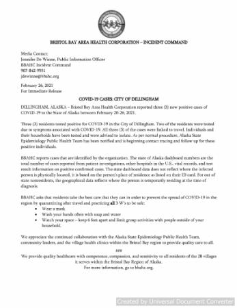 02/26/21b Three new Covid-cases in Dillingham today - BBAHC Press Release