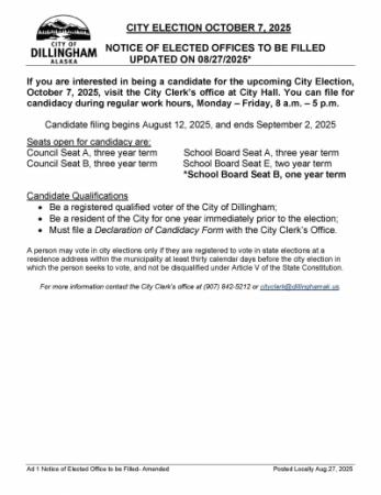 Public notice of updated open seats for the 2025 October 7th Election
