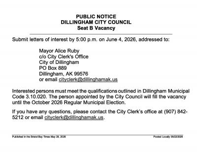 Public Notice, Dillingham City Council - Seat B Vacancy
