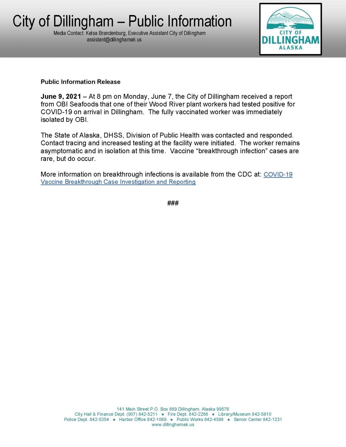 06.09.21 City of Dillingham Public Information Release