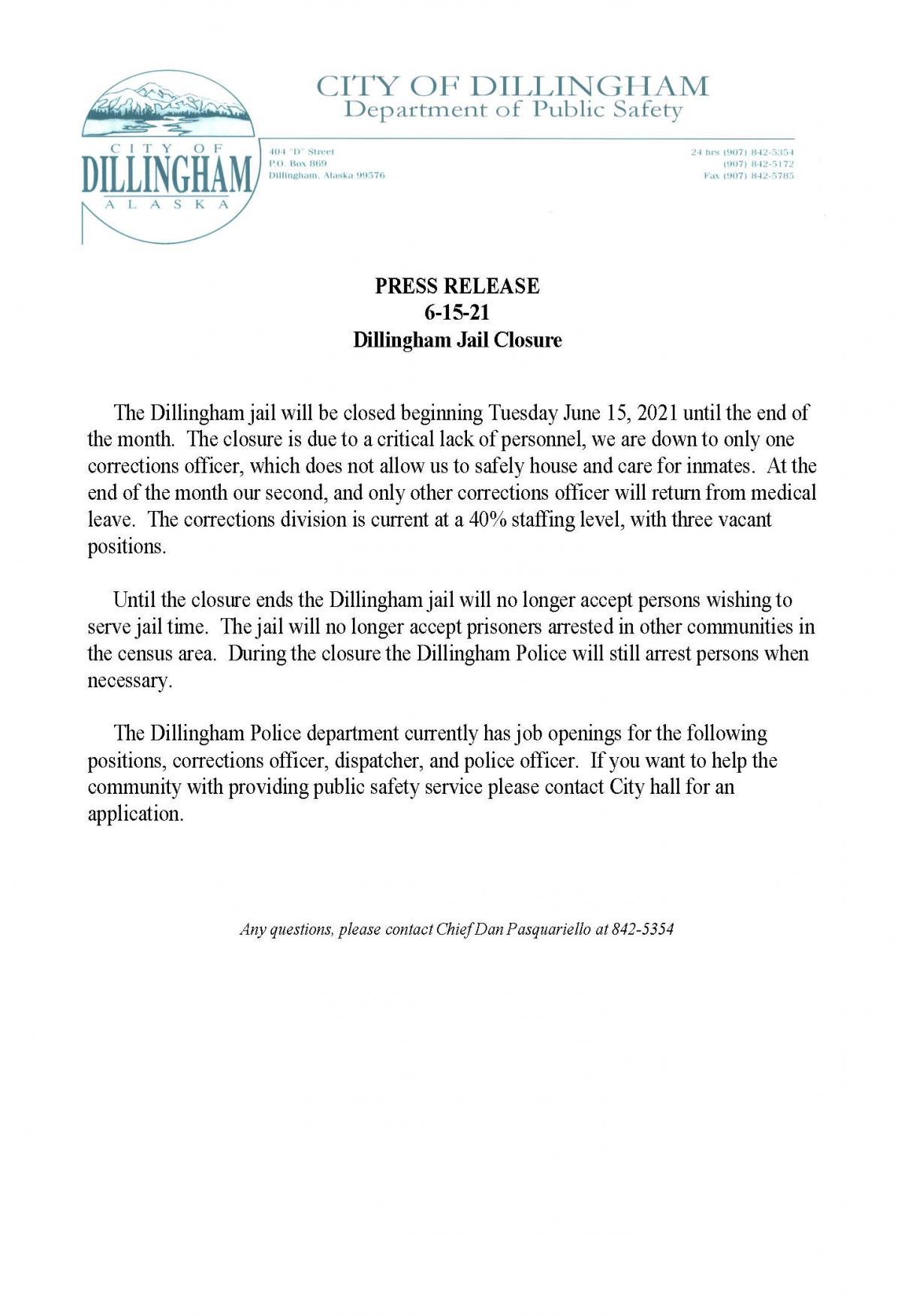 Dillingham Jail Closure Press Release