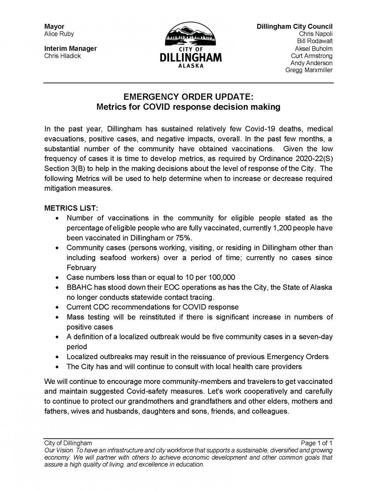 Emergency Order Update: Metrics for COVID response decision making