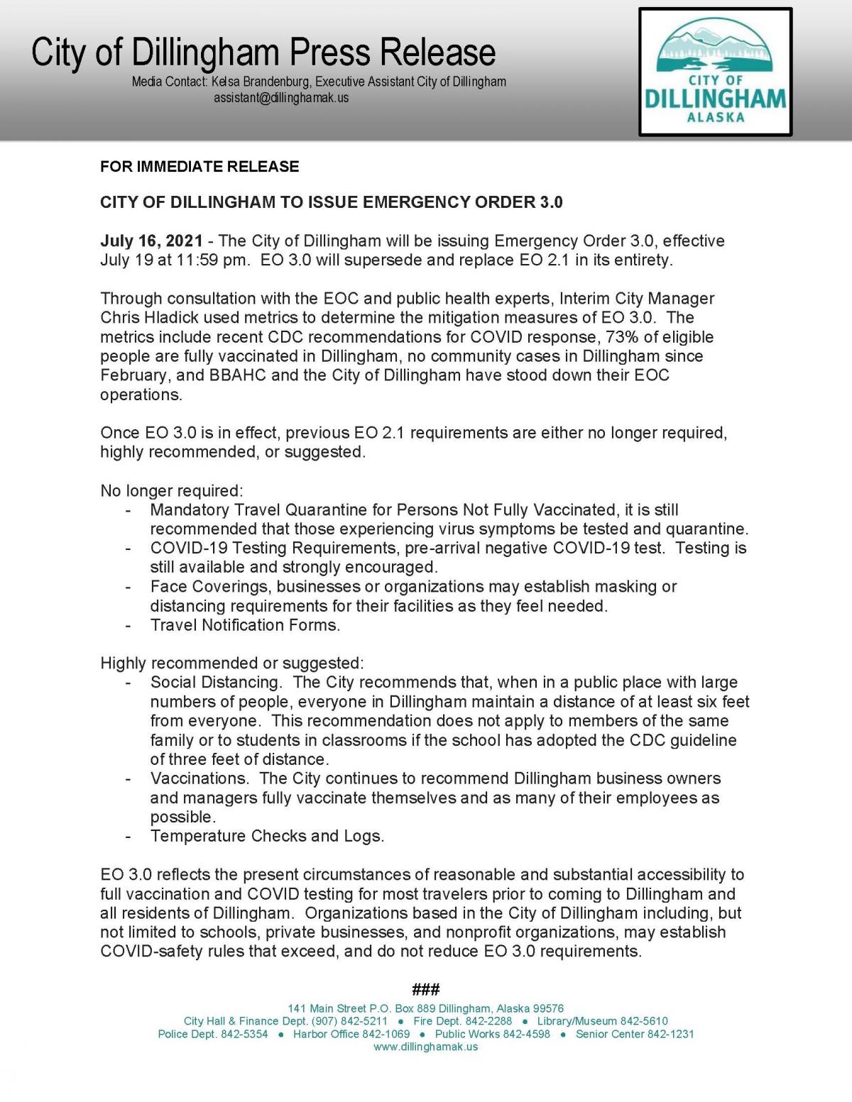 07.16.21 City of Dillingham Press Release - City of Dillingham to issue Emergency Order 3.0