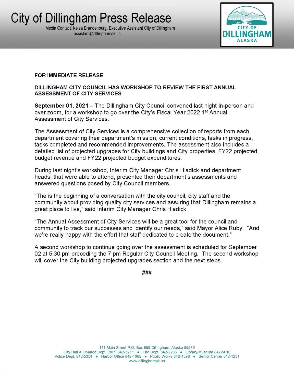 September 01, 2021 City of Dillingham Press Release