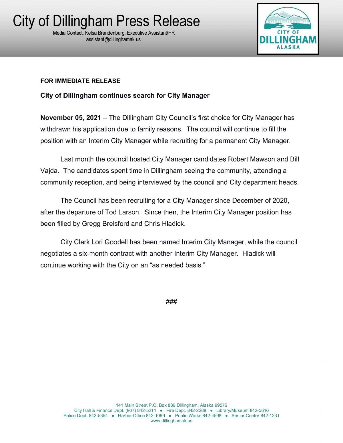 November 05, 2021 City of Dillingham Press Release - City of Dillingham continues search for City Manager