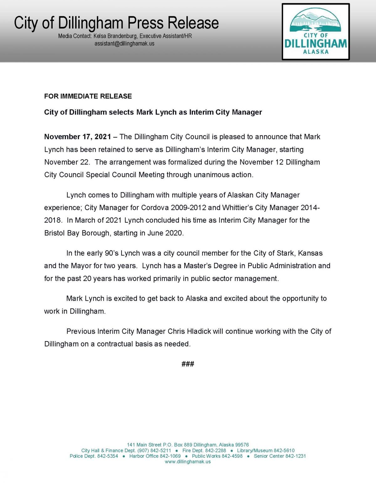 November 17, 2021 City of Dillingham Press Release - City of Dillingham selects Mark Lynch as Interim City Manager 