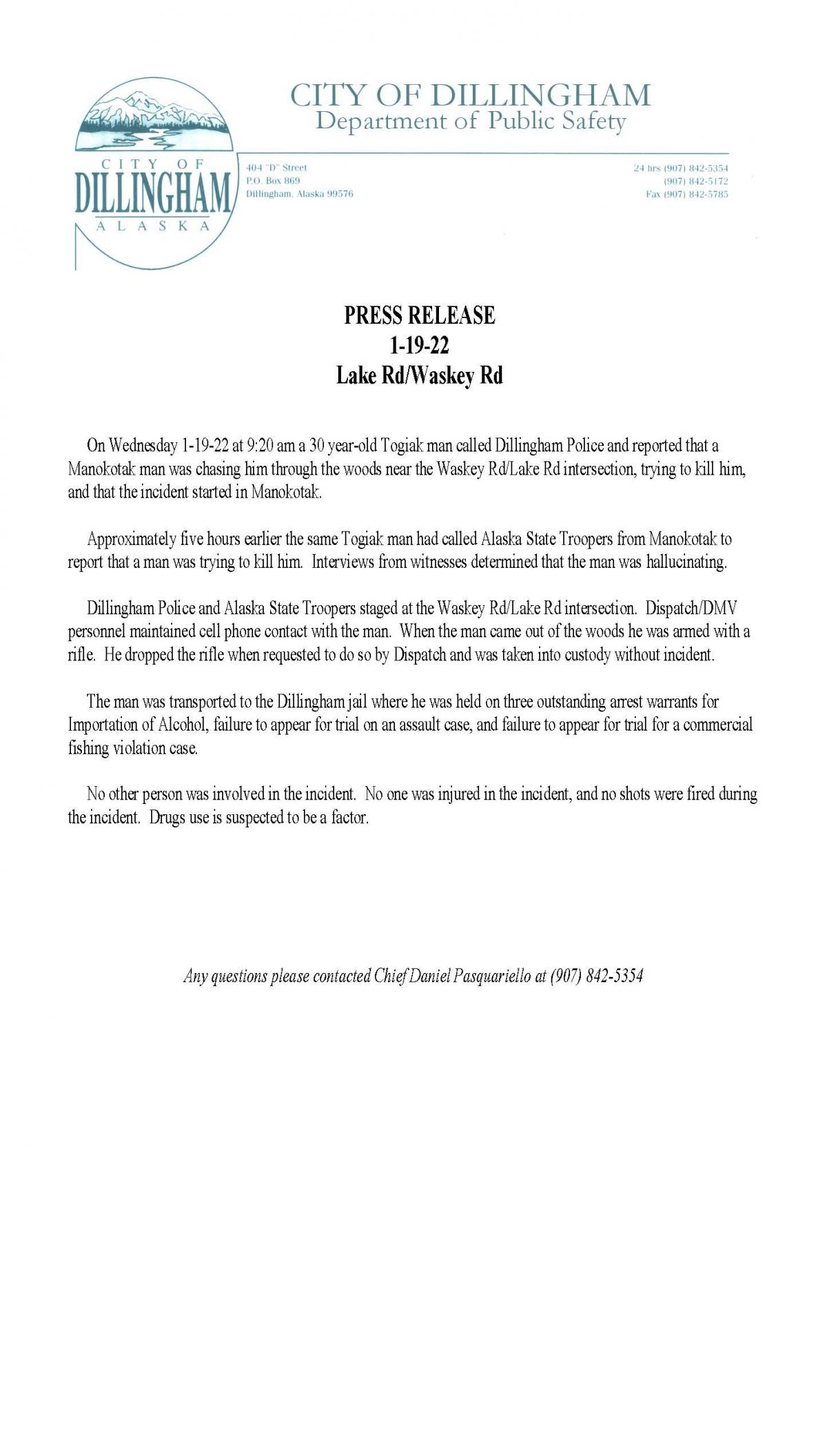 January 19, 2022 City of Dillingham Department of Public Safety Press Release