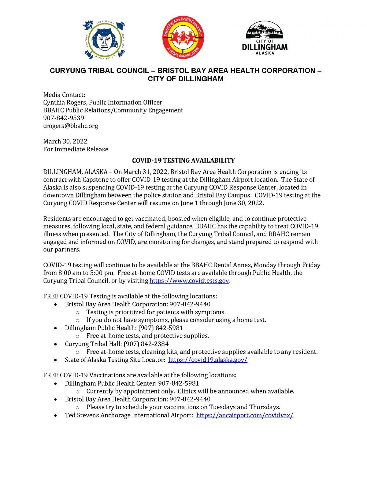 03.30.2022 Curyung Tribal Council, Bristol Bay Area Health Corporation, and the City of Dillingham Joint Press Release, Page 1