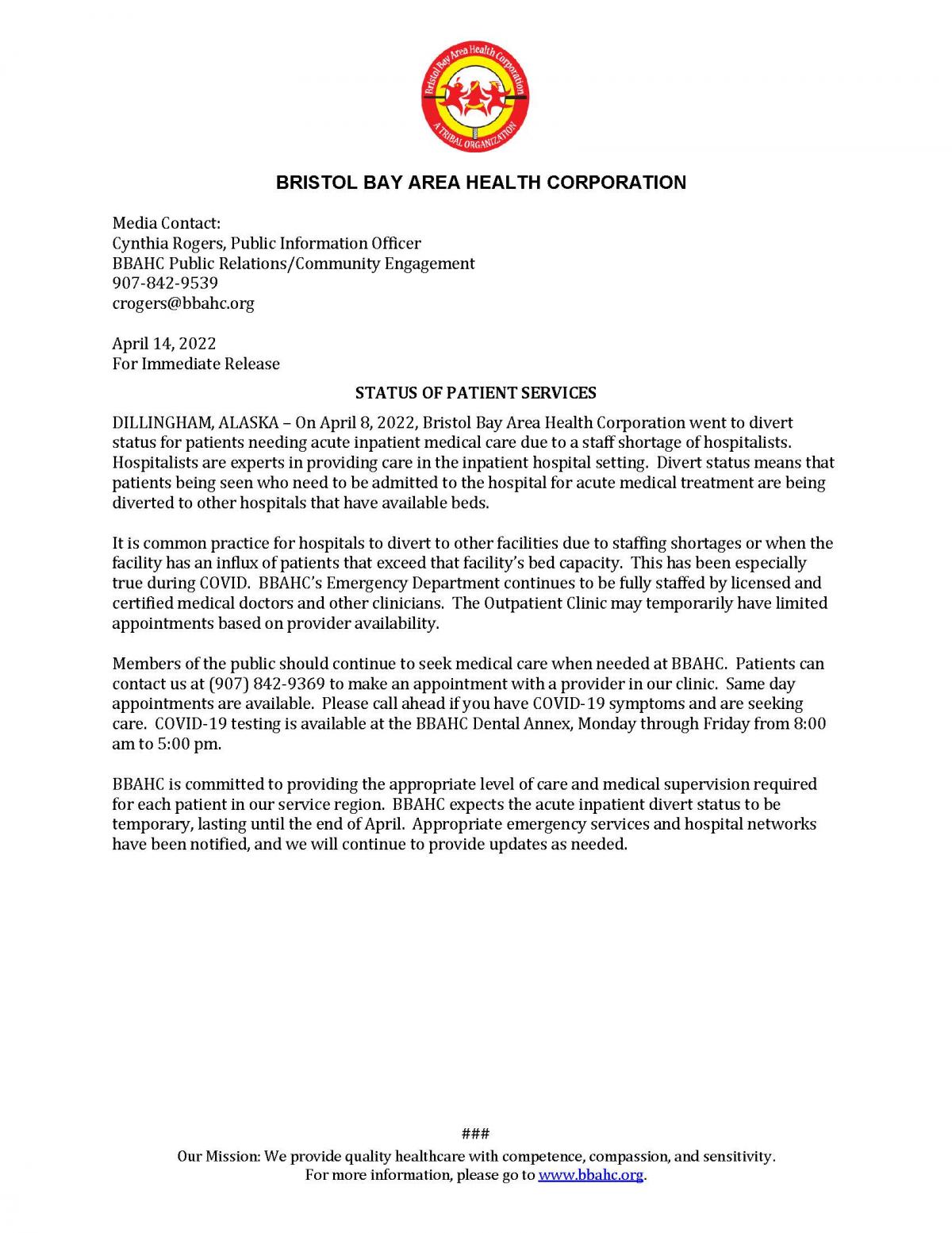 April 14, 2022 Bristol Bay Area Health Corporation Press Release