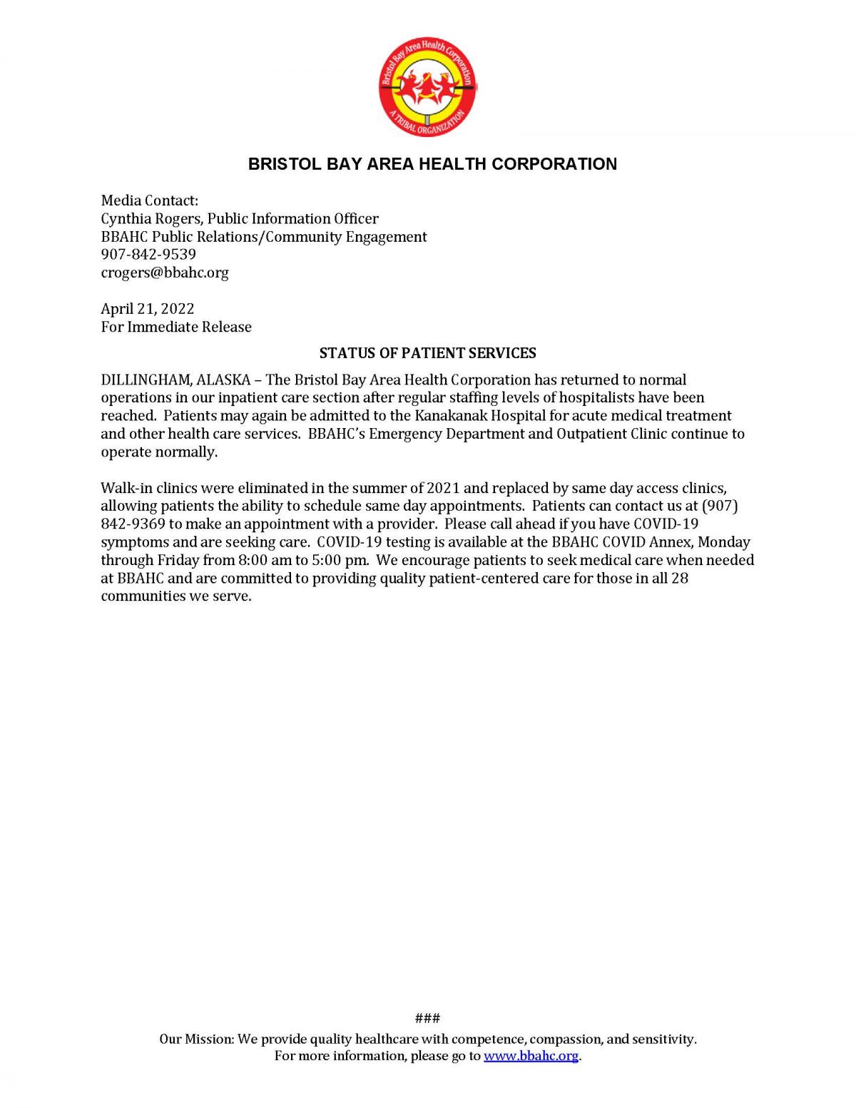 April 21, 2022 Bristol Bay Area Health Corporation Press Release