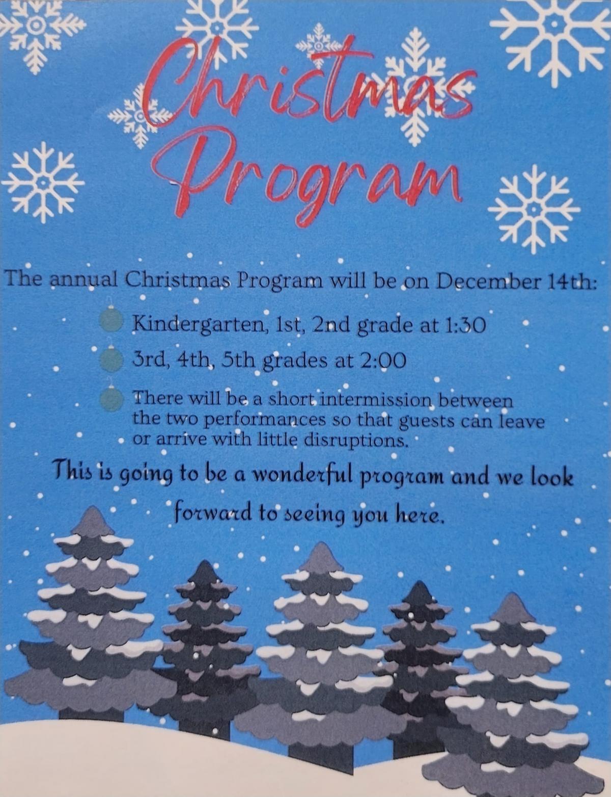 Annual Elementary Christmas Program - 12/14 starting at 1:30 pm