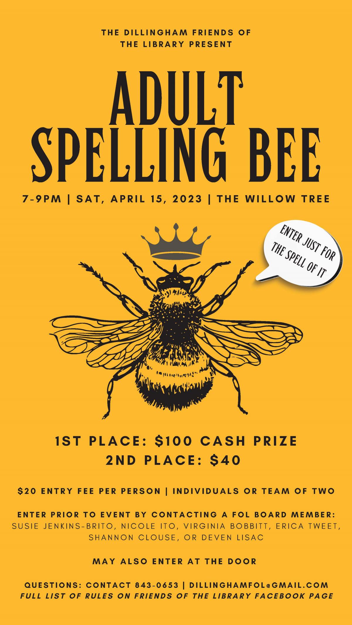 Adult Spelling Bee - The Willow Tree 4/15/23, 7 - 9 pm
