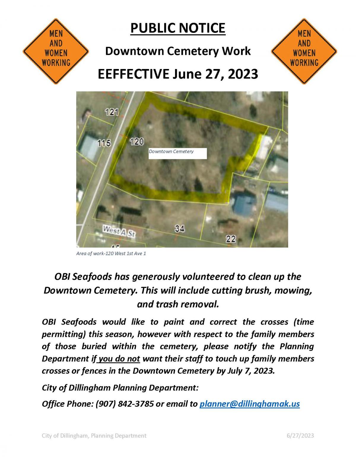 Downtown Cemetery Work starting 6/27/2023