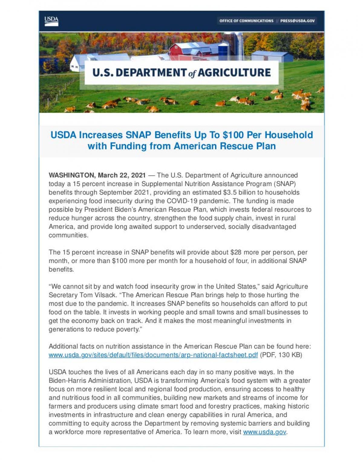 USDA Increases SNAP Benefits Up To$ 00 Per Household  with Funding from American Rescue Plan 