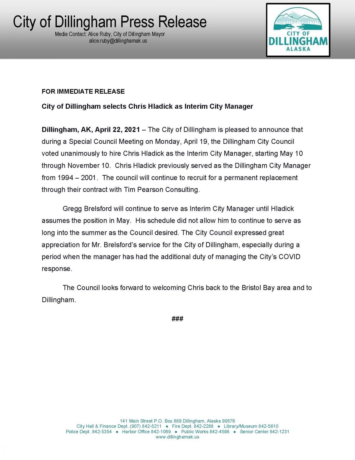 4.22.21 City of Dillingham Press Release - City of Dillingham selects Chris Hladick as Interim City Manager
